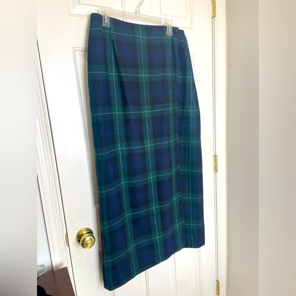 Eddie Bauer Wool Rayon Plaid Midi Skirt | Green & Navy Tartan Classic | 12Tall